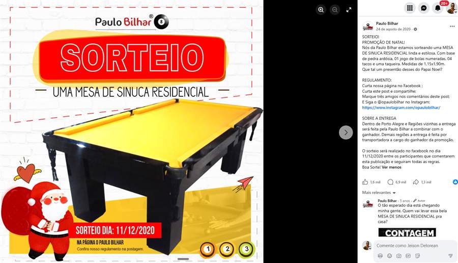 Sorteio de Natal de uma mesa de sinuca — Paulo Bilhar